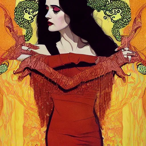 Image similar to portrait by joshua middleton of the young actress, eva green as queen of the emerald dead, vamp, elegant, decadent, stylised comic art, klimt, mucha, 1 9 7 0 s poster,