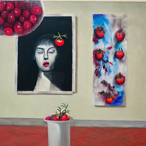 Prompt: “ a portrait in an art student ’ s apartment, a berry and a big diamond, skyscraper, pork, pigs, weeds, white wax, squashed berries, acrylic and spray paint and oilstick on canvas, surrealism, neoexpressionism ”