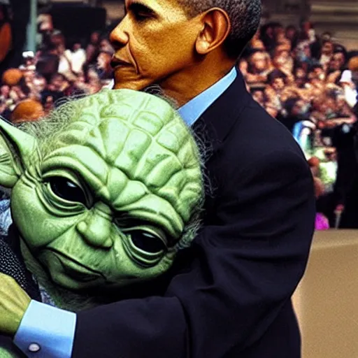 Prompt: Yoda kissing Obama