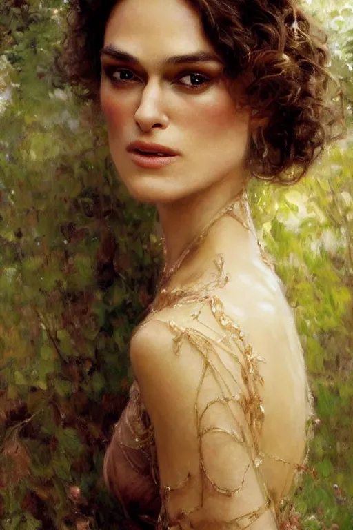 Image similar to detailed realistic cinematic shot of beautiful attractive keira knightley wit slim face symettrical face clean skin, wearing long intricate dress, smooth, sharp focus, ultra realistic, spring light, painting by gaston bussiere, craig mullins, j. c. leyendecker