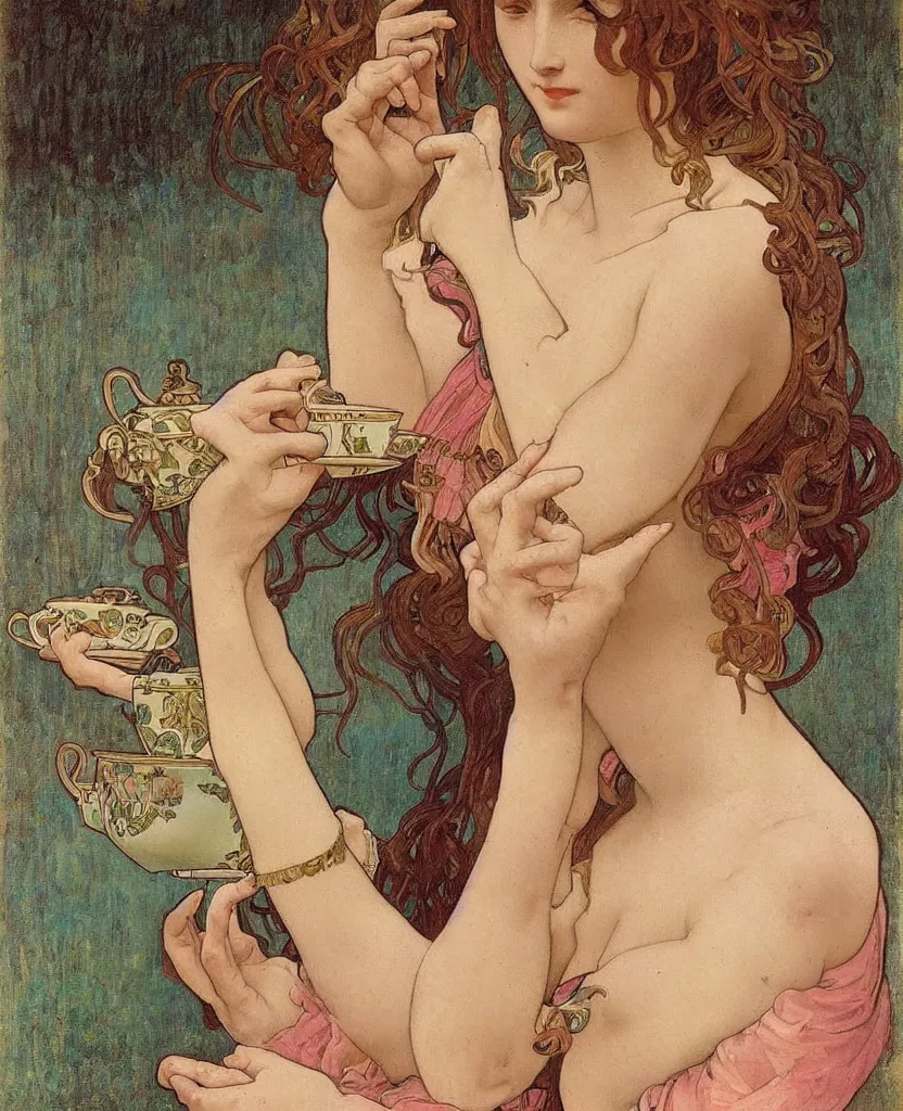 Image similar to a beautiful arrogant surreal greek lady drinking tea looking disdained, rennaisance painting, whimsical, pastel pink color palette, by leonardo da vinci and alphonse mucha