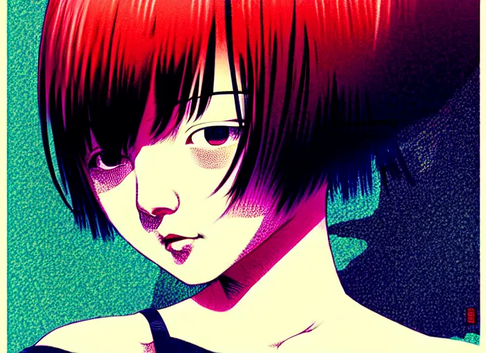 Image similar to editorial illustration colorful, anime portrait of shiina ringo, katsuhiro otomo, manga, ilya kuvshinov, fine texture, realistic shading, fine details, matte colors, film noir, dramatic lighting, dynamic composition, mucha, moody, vivid, volumetric, stippled lighting