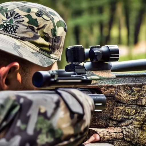 Prompt: photo of a sniper aiming through the scope of his rifle, side view, 4 k, camouflage, foliage