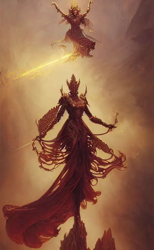 Prompt: ascending dark full body redhead goddess angel, intricate armor, highly detailed, glowing, action pose, cinematic, Art Deco, gold filigree, ethereal, alfonso mucha, zdzisław beksiński, Andrei ryabovichev, Shaun tan, Chriss foss, Peter mohrbacher, 8k