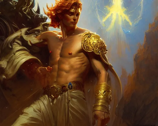 Prompt: attractive heroic male deity, casts magic, summoning handsome heroic lucifer morning star. highly detailed painting by gaston bussiere, craig mullins, j. c. leyendecker 8 k