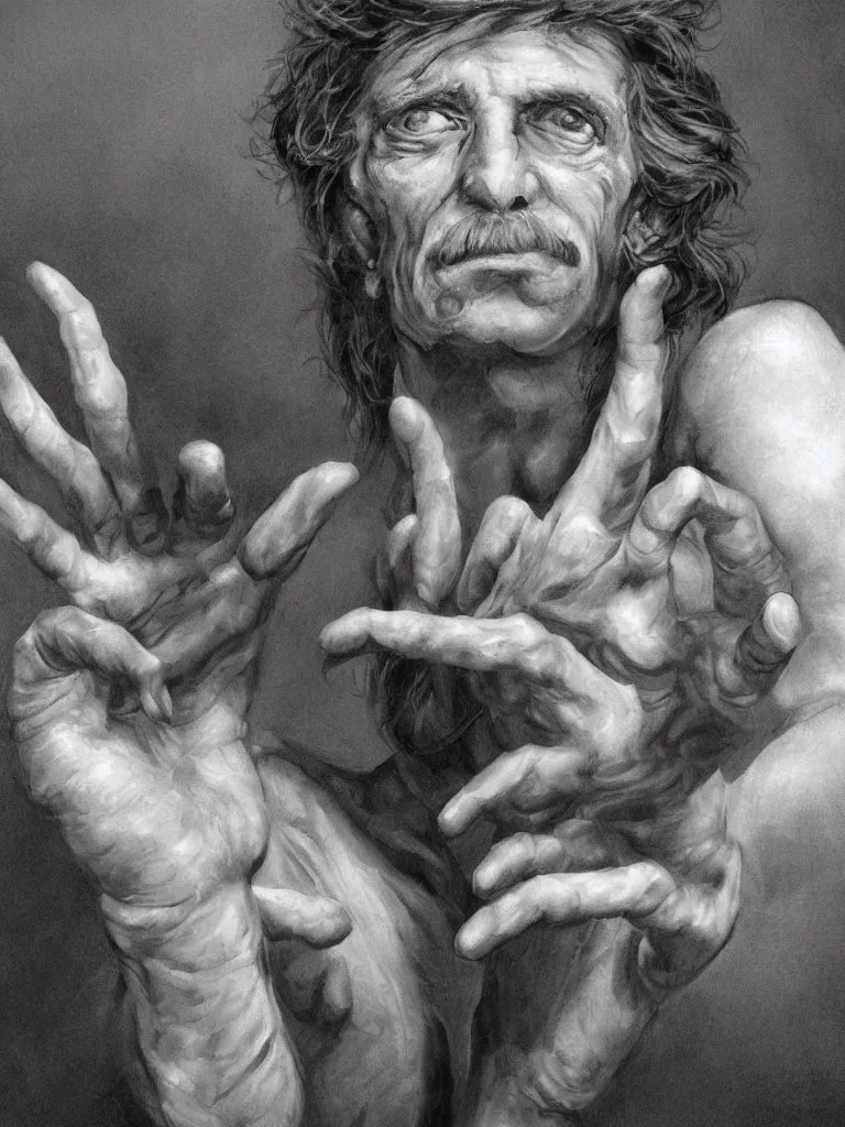 Prompt: a hyper real ultra real detailed photograph of the man with one hundred hands