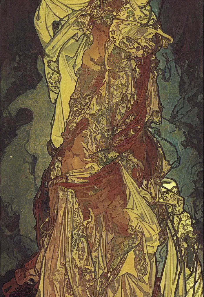 Image similar to Jurgen Schmidhuber as the Devil on a tarot card, tarot major arcana in art style by Alphonse Mucha