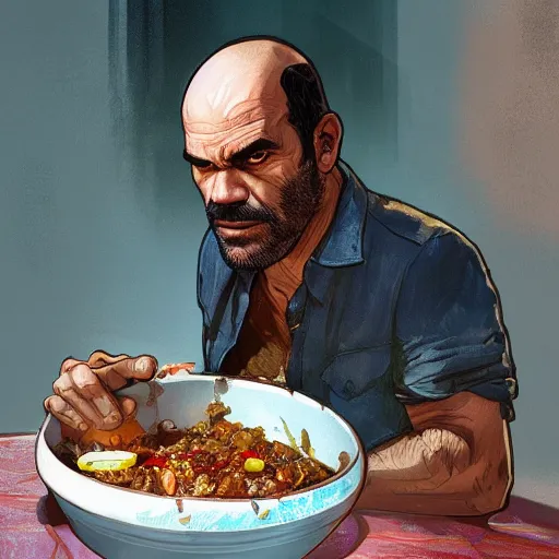 Prompt: trevor philips eating moroccan tagine, highly detailed, digital painting, artstation, concept art, smooth, sharp focus, illustration, art by artgerm and greg rutkowski and alphonse mucha