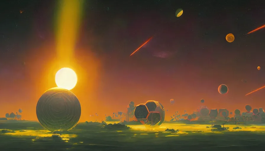 Prompt: hexagons traveling the sun in space, planet earth in foreground, simon stalenhag