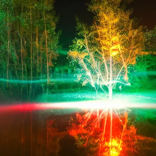 Image similar to photography at night of an ethereal pond, a central sunlight glare, mystical lights, cyber futuristic lights in the sky, masterpiece, epic, cinematic, hyperealistic photo, high detailed, red flashlight at night