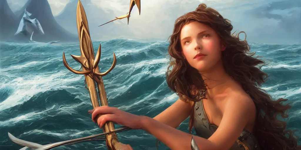 Image similar to close up of a beautiful shark tooth girl holding a trident on the horizon, model pose, slightly smiling, big wave, big whale fighting against sharks on the background, by peter mohrbacher and makoto shinkai and ferdinand knab