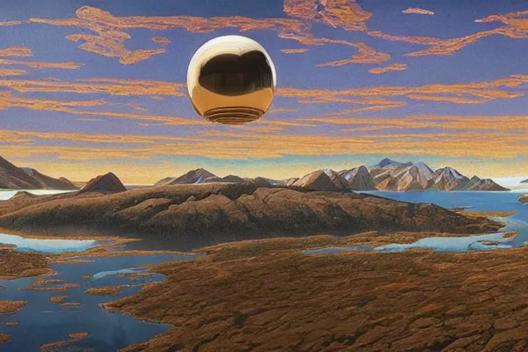 Image similar to a giant ((((metallic)))) floating sphere covered in canadian colorful aboriginal patterns!! hovering above a Yukon lake, (painted by Ralph McQuarrie), matte painting, very detailed, 7000 K, concept art