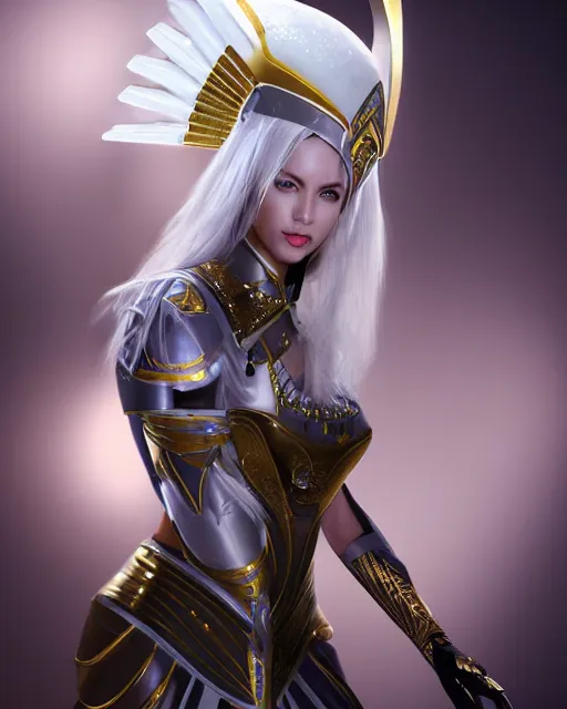 Image similar to perfect white haired attractive egyptian goddess, warframe armor, pharaoh headdress, beautiful, symmetric, dreamy, half asian, pretty face, green eyes, charlize theron, detailed, scifi platform, laboratory, experiment, 4 k, ultra realistic, epic lighting, android body, illuminated, cinematic, masterpiece, art by akihito tsukushi, voidstar