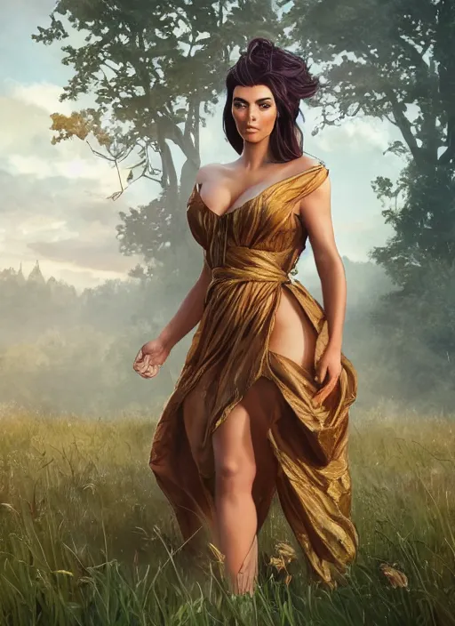 Image similar to Kim Kardashhian as a elf on a beautiful meadow, morning, art by Artgerm and Greg Rutkowski and Alphonse Mucha and miro manara, unreal 5, DAZ, hyperrealistic, octane render, RPG portrait, ambient light, dynamic lighting