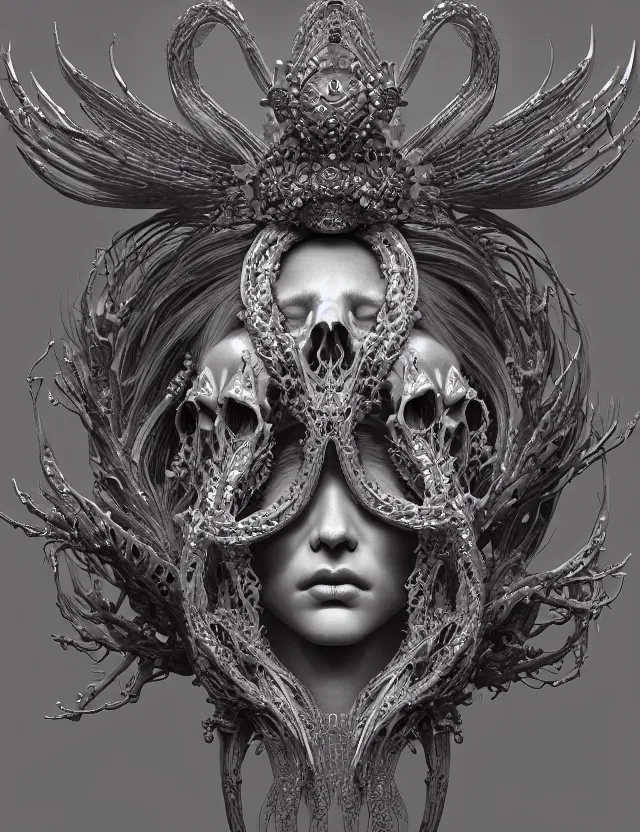 Image similar to symmetrical, centered, zbrush sculpt of goddess close-up portrait wigh crown made of skulls. phoenix betta fish, phoenix, bioluminiscent creature, super intricate ornaments artwork by Tooth Wu and wlop and alena aenami and greg rutkowski