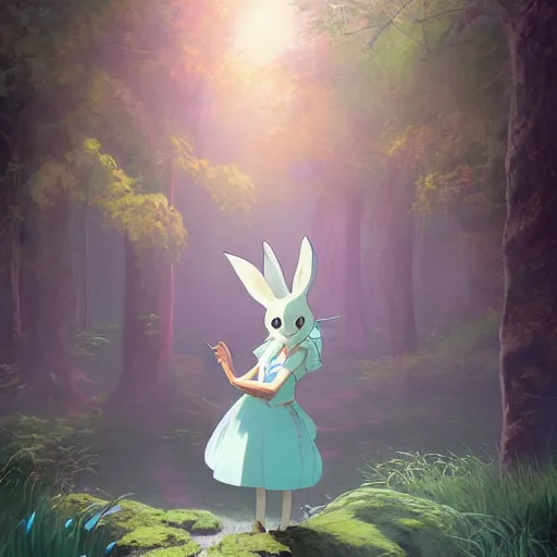 Image similar to concept art painting of an anthropomorphic white rabbit wearing a turquoise dress, in the deep forest, realistic, detailed, cel shaded, in the style of makoto shinkai and greg rutkowski and james gurney