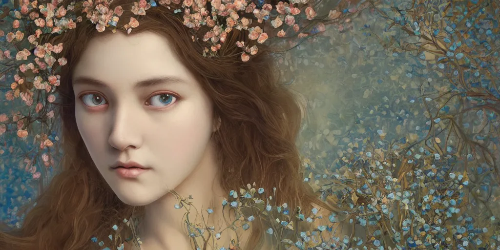 Image similar to breathtaking detailed concept art painting portrait of the goddess of nemophila flowers, orthodox saint, with anxious piercing eyes, ornate background, amalgamation of leaves and flowers, by hsiao - ron cheng, extremely moody lighting, 8 k