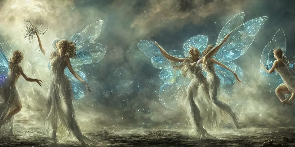 Image similar to concept art of translucent glowing fairies dancing, lovecraftian, renaissance, melting, round moon, rich clouds, fighting the horrors of the unknown, very detailed, volumetric light, mist, fine art, decaying, textured oil over canvas, epic fantasy art, very colorful, ornate intricate scales