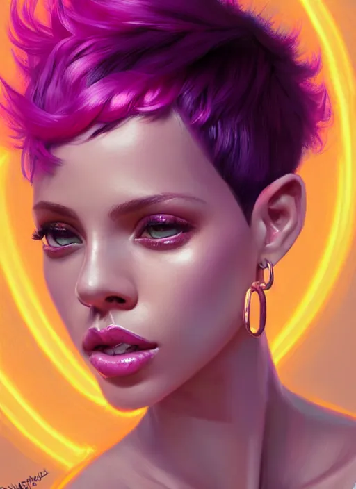 Image similar to portrait of vanessa morgan with bright pink hair, curly pixie cut hair, wearing a purple breton cap, breton cap, hoop earrings, intricate, elegant, glowing lights, highly detailed, digital painting, artstation, concept art, smooth, sharp focus, illustration, art by wlop, mars ravelo and greg rutkowski