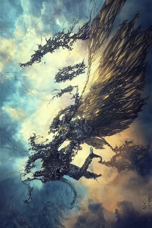 Prompt: portrait of of a flying beauty over meadows of fire, intricate line drawings, by Yoshitaka Amano, Ruan Jia, Kentaro Miura, Artgerm