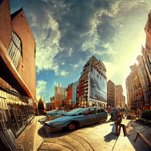 Image similar to 1 5 0 0 s city street, cinematic photography, fisheye!!!!! lens, ( ( ( ( ( worm's - eye view ) ) ) ) ), illustrated by max hay, artstation, cgsociety contest winner, dramatic lighting, vignette