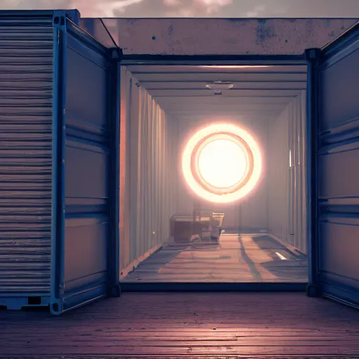 Prompt: a glowing nuclear microreactor inside a shipping container in a pleasant urban setting, in style of Isaac Zuren, peaceful, serene, 4k, octane render, blender, intricate