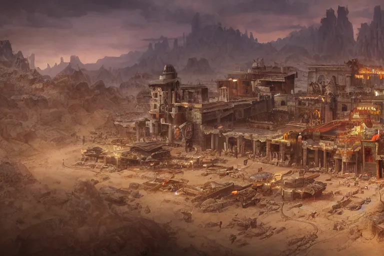 Prompt: an intricate matte painting of top down wild west city in desert rpg battle map,very clear image, no blur, by Christophe Vacher and Bastien Lecouffe-Deharme, trending on artstation