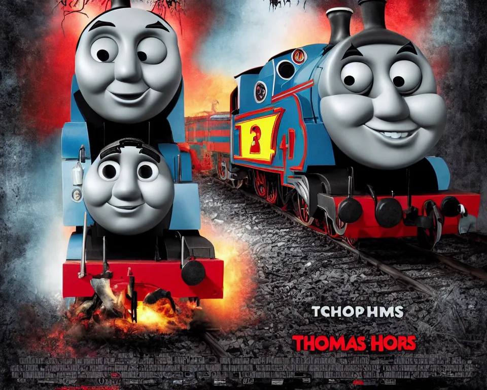 Image similar to a horror movie poster featuring Thomas The Tank Engine