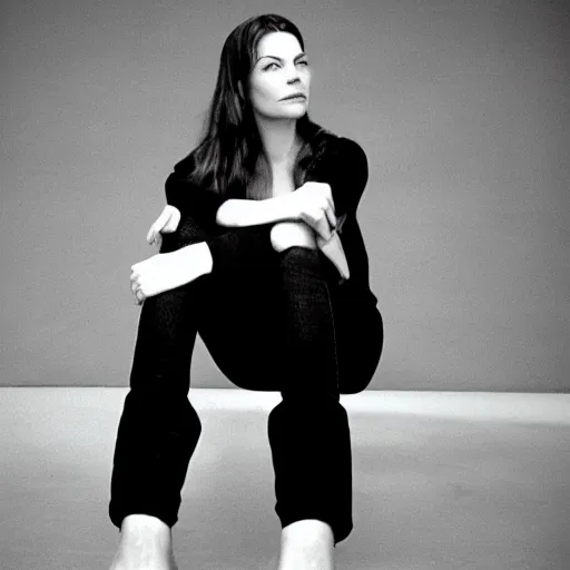 Prompt: dark granite floor, sitting, knees up, legs crossed, liv tyler, 📷 lara rossignol ( 1 9 9 5 )