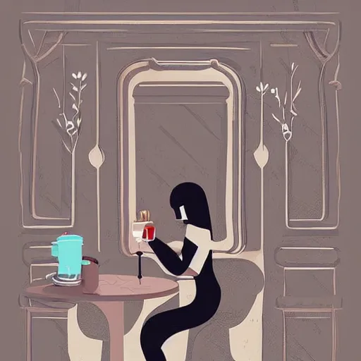 Prompt: illustration a parisian girl drink a coffee, by malika favre