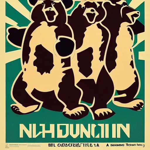 Prompt: three brown bears shouting, poster in a constructivism style, soviet propaganda