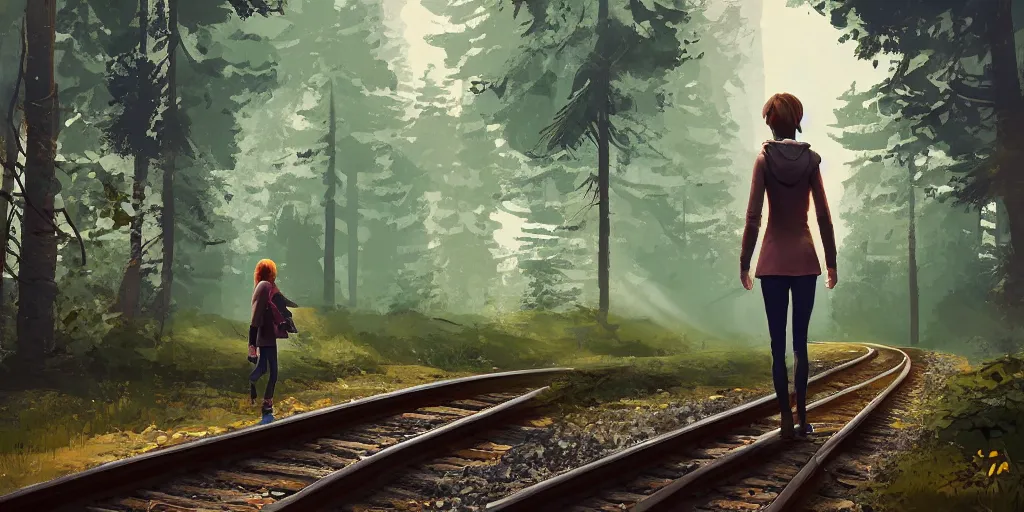 Prompt: an environmental concept art of life is strange, a girl walking on train tracks in the woods, highly detailed, environmental light, cinematic by francis tneh