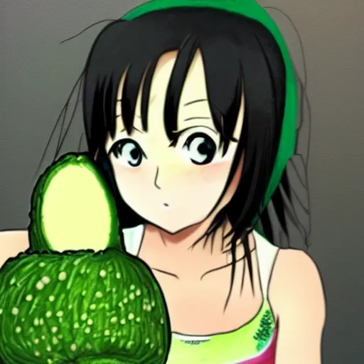 Prompt: tomoko kuroki dressed as an avocado anime art