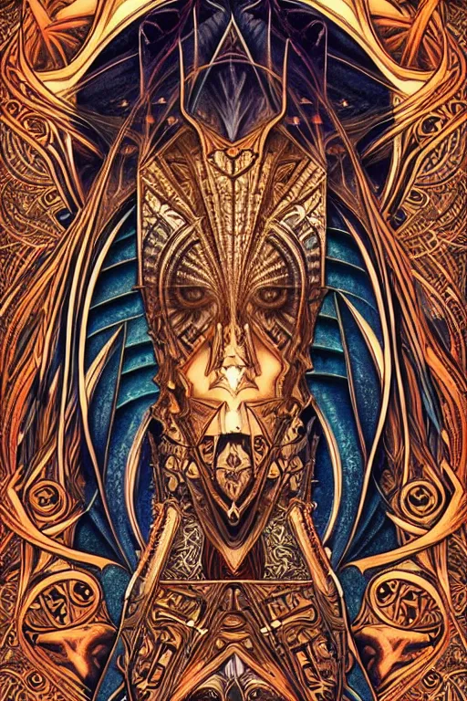 Image similar to a symmetrical tarot card by android jones, ornate border, trending on artstation