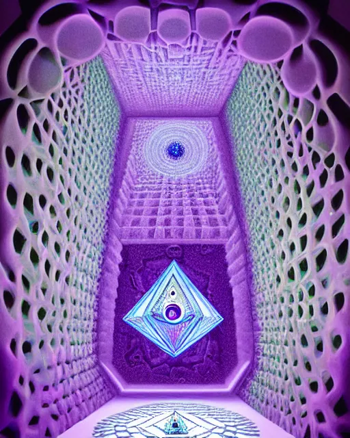 Image similar to detailed realistic geometric painting of a diorama of a mandelbulb white masonic temple inside of a hollow skull carved out of illuminating cyan light in the purple frozen tundra with ruy gems in ice double helix igloo stacked like jenga symmetry by alex grey