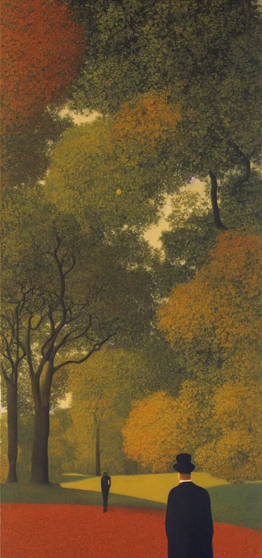 Image similar to Philosopher walking in the park on an Autumn day at sunset by Rene Magritte. Leaves falling. Shadows.