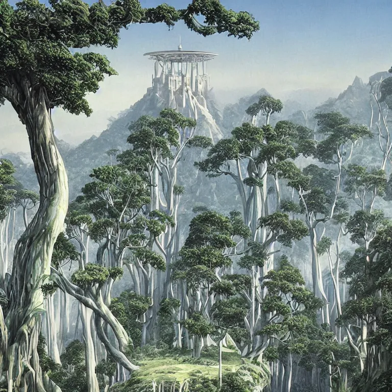 Prompt: a matte painting of a surreal white castle surrounded by exotic trees on a tall mountain by moebius