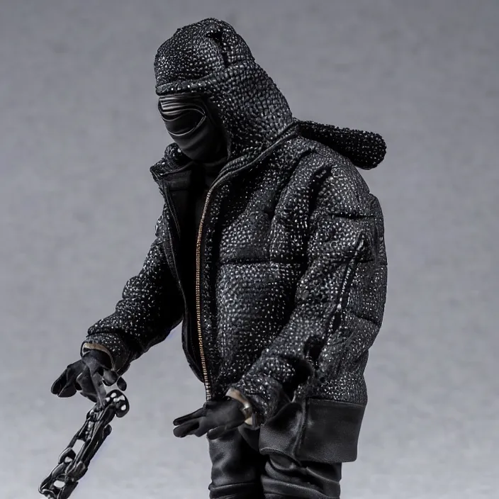 Prompt: kanye west using a face covering black mask with small holes, a black shirt, a black overinflated puffer jacket and black rubber boots, a hot toys figure of kanye west using a black mask with small holes, a black shirt, a black undersize hoodie and black rubber boots, figurine, detailed product photo