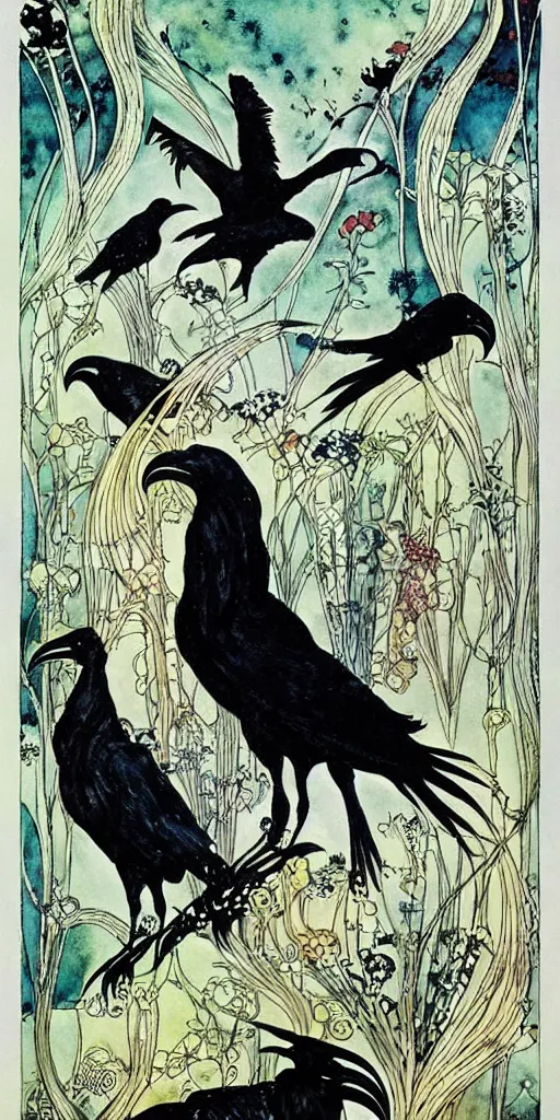 Prompt: floral frame with ravens peeking through art by kay nielsen, illustration style, watercolor