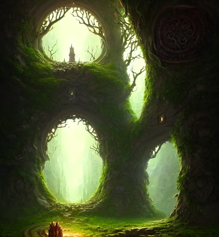 Image similar to a beautiful giant tree growing in the middle of an mysterious giant door carved with symbols, a door is embedded in the tree. godray on plants, fantasy digital art, fantasy style art, fantasy hearthstone art style, fantasy game art by greg rutkowski, darksouls concept art