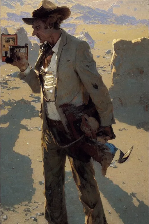 Image similar to saul goodman at a lonely!!!! pay phone in the desert!!!!, painting by'phil hale '!!! gaston bussiere, craig mullins, greg rutkowski, alphonse mucha,