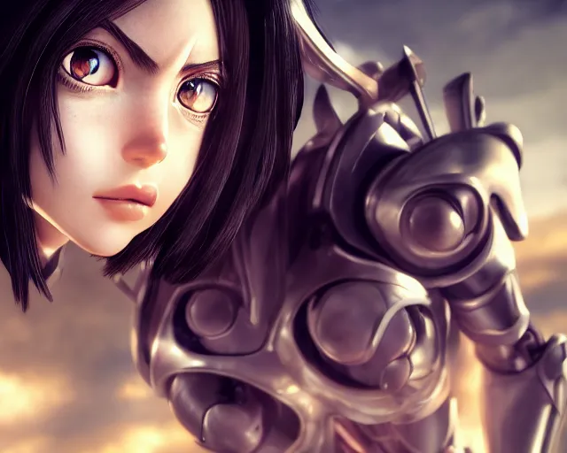 Image similar to battle angel alita, beautiful portrait, doe eyes, mouth open, photorealistic, lifelike, octane engine, cinematic lighting, high detail, high resolution