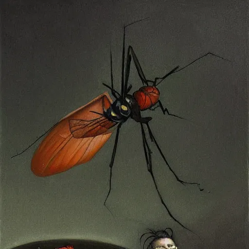 Image similar to an oil painting of a mosquito drinking from a dark pool by esao andrews. circa survive album cover art. dark. muted colors. gothic. oil painting with brush strokes. creepy.