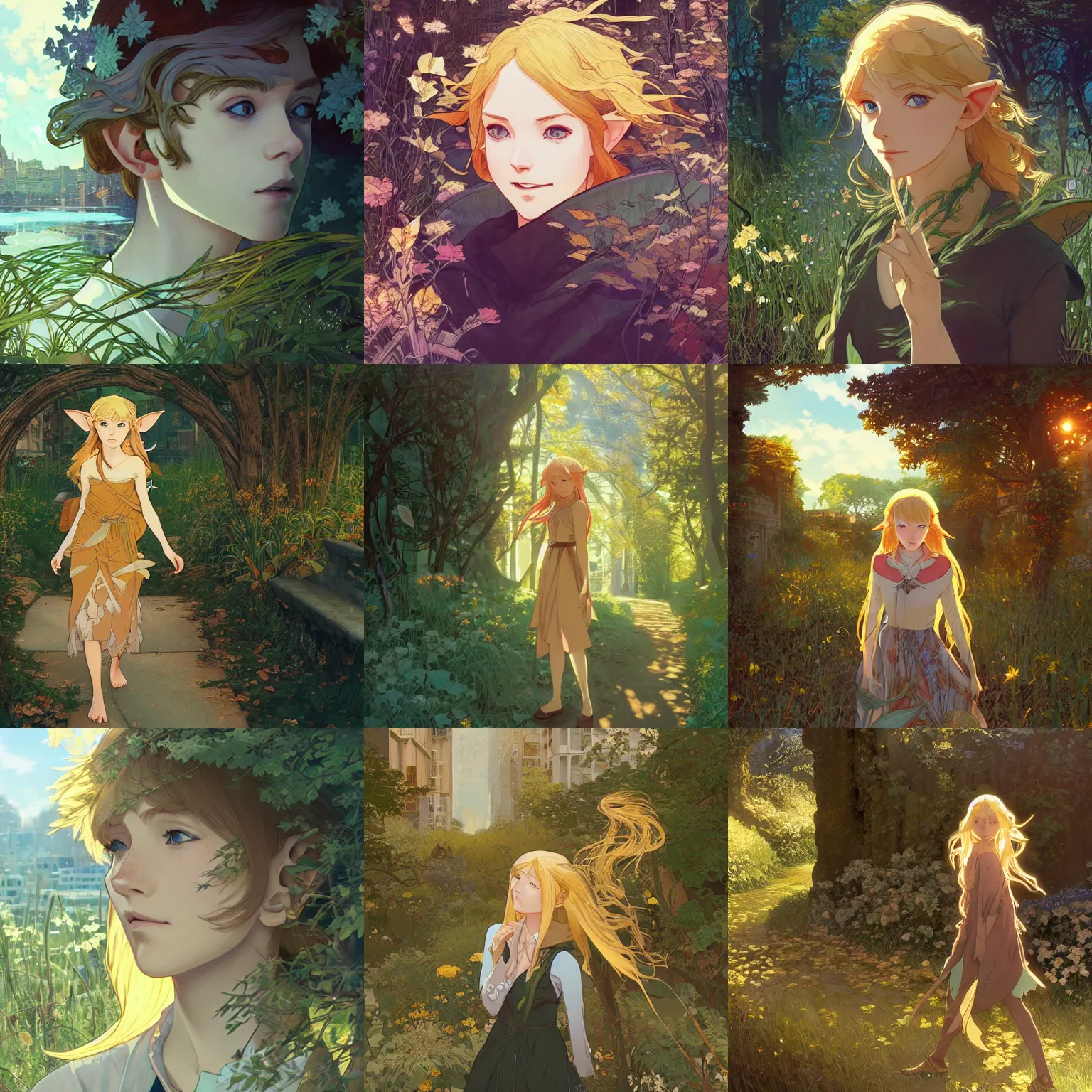 Prompt: Portrait of a golden-haired elf woman walking through a city reclaimed by nature, beautiful face, highly detailed, photoshop, digital illustration, by Makoto Shinkai and Hayao Miyazaki, by Ilya Kuvshinov and Alphonse Mucha and Andrei Riabovitchev