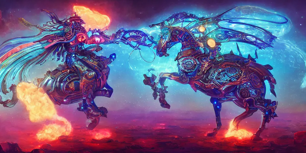 Image similar to cosmic steampunk opal mechanical horse, character design sheet, monster hunter illustrations art book, iridescent, blue flame, neon lights, armored, moebius, greg rutkowski, zabrocki, karlkka, jayison devadas, phuoc quan, trending on artstation, 8 k, ultra wide angle, zenith view, pincushion lens effect.