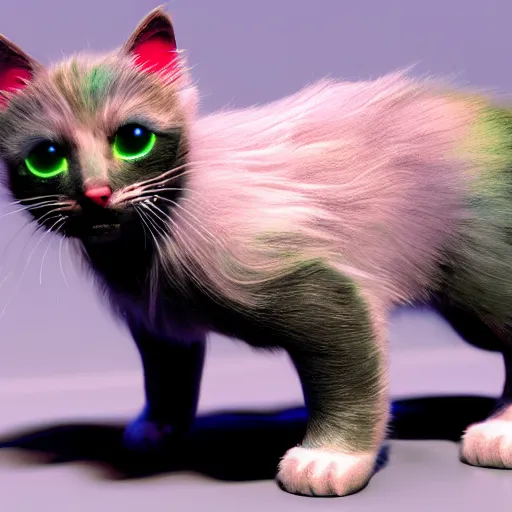 Prompt: iridescent kittens cyperpunk 2 0 7 7 fluorescent, unreal engine 5, 8 k ultra realistic, hyperdetailed, volumetric lighting, extremely high quality