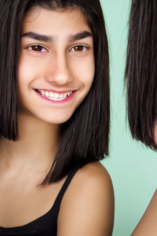 Image similar to close up headshot of an androgynous Hispanic teen with medium length slightly wavy black hair a wide smile brown eyes a small nose tidy plucked eyebrows dark brown eyes and a diamond shaped face, high resolution film still, 8k, HDR color, gazing dark brown eyes, high cheek bones, trimmed eyebrows