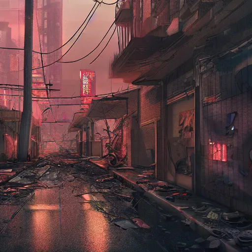 Image similar to a cyberpunk alley, debris, damaged streets, wires crossing the windows, dusk, smoke, hyperealistic, artstation, cgsociety, 8 k