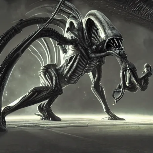 Image similar to alien xenomorph flashed by light, found footage, spaceship mess hall, photorealistic