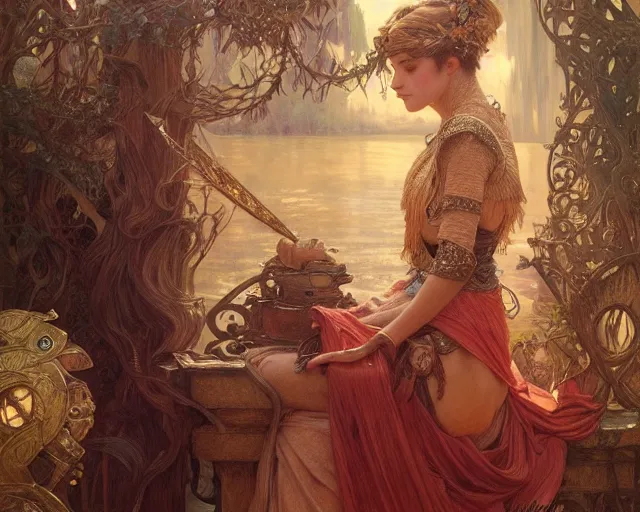 Image similar to photography of marie spartali stillman, deep focus, d & d, fantasy, intricate, elegant, highly detailed, digital painting, artstation, concept art, matte, sharp focus, illustration, hearthstone, art by artgerm and greg rutkowski and alphonse mucha